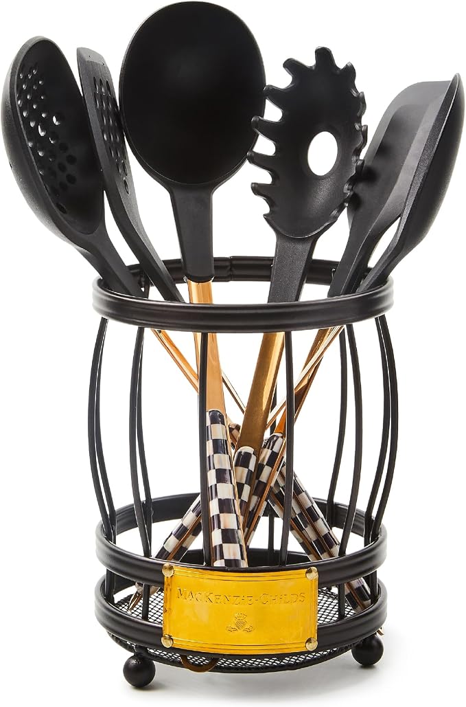 MACKENZIE-CHILDS Utensil Caddy Set with Kitchen Utensils, Black-and-White Courtly Check