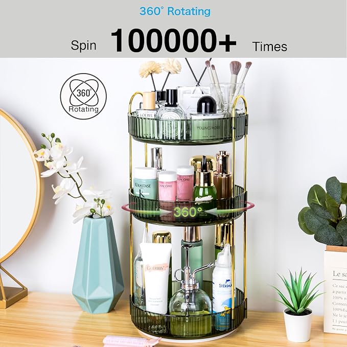 360 Rotating Makeup Organizer - Large Capacity Spinning Perfume & Cosmetic Skincare Holder for Vanity & Countertop (Gem Green, 3 Tier)