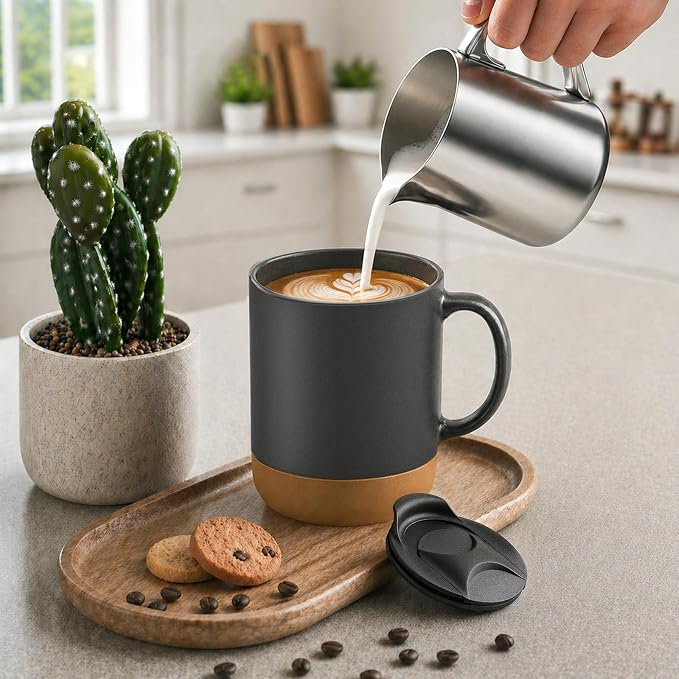DOWAN Coffee Mugs, 15 oz Mug Set of 2, Large Ceramic Coffee Mug with Silicone Bottom and Spill Proof Lid for Mom Dad, Big Mug for Latte Tea, Matte Grey