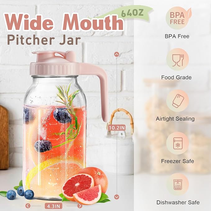 Mason Jar with Pour Spout Lid V-shaped, 2 Quart Iced Tea Pitcher Double Leak Proof, 64 oz Drink Pitcher for Breastmilk, Sun Tea, Juice, Coffee Creamer