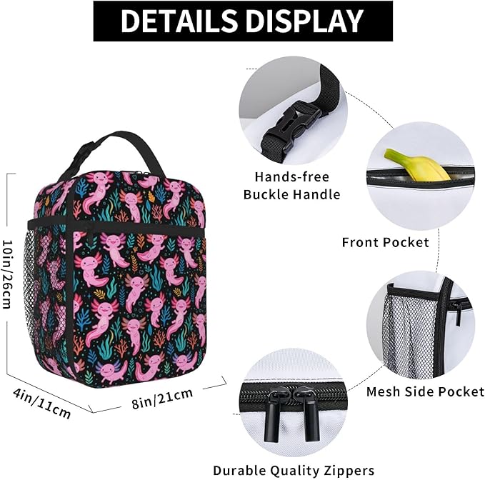 Axolotl Insulated Lunch Box - Leakproof Reusable Cooler Tote with Side Pocket, Thermal Meal Prep Bag with Reinforced Handle for Men Women, Office Work, Picnic, Hiking & Travel
