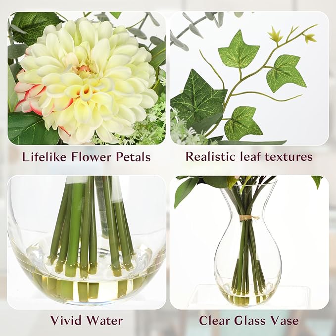 Briful Artificial Floral Arrangement with Faux Water – 19.7” Tall Mixed Peony, Rose, Dahlia & Eucalyptus Fake Flowers in Vase – Faux Flower in Glass Vase for Home Table Centerpiece Decoration