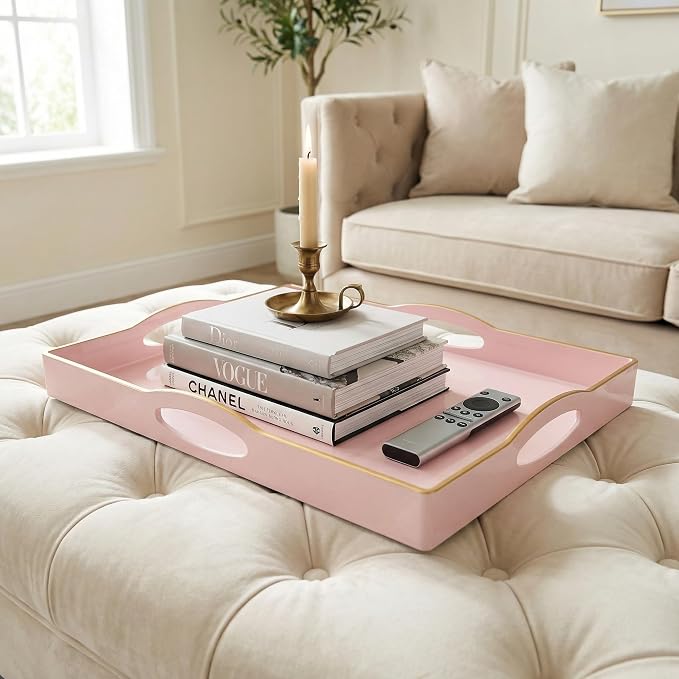 Pink Serving Tray with 4 Handles, Plastic Decorative Tray for Coffee Table, Ottoman - Ideal for Living Room & Bathroom. 15” x 11” x 1.9”