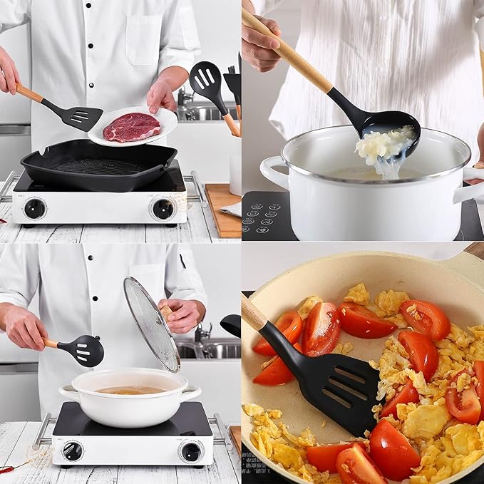 Kitchen Utensils Set,Kitchen Cooking Utensils Set,Spoon,Spatula,446℉ Heat Resistant 12-pcs Non-stick Food Grade Silicone and Wooden Handles,Kitchen Tools Set(Black)