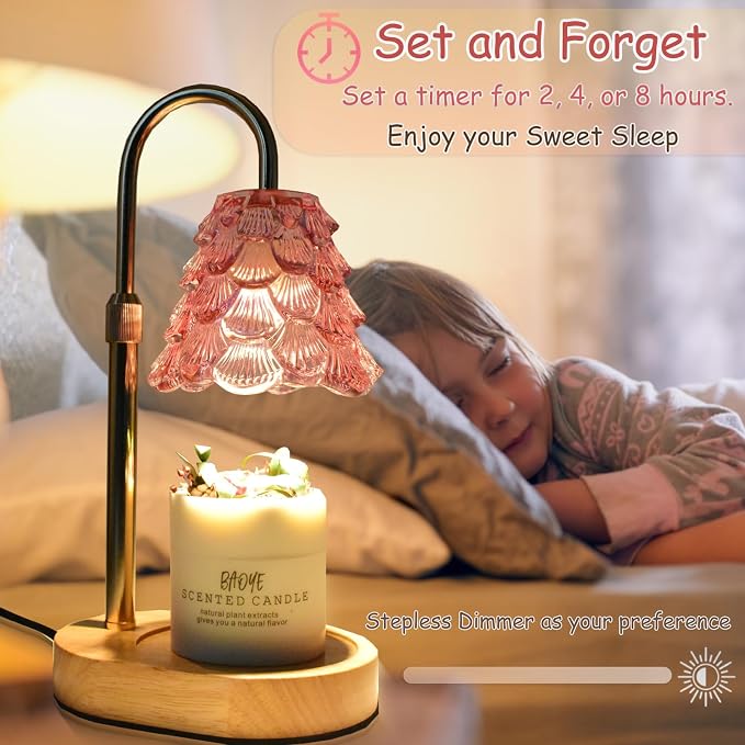 Chritsmas Tree Lampshape Candle Warmer Lamp with Adjustable Height, Aroma Candle Warmer with Timer and Dimmer, Wooden Base Glass Wax Warming Lamp, Women's Gifts(Tree Pink)