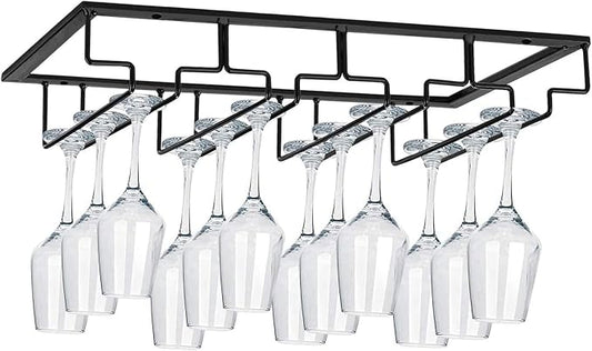 Wine Glass Rack, Under Cabinet Stemware Wine Glass Holder, Wine Glasses Storage Hanger Metal Organizer for Cabinet Kitchen Bar (Black, 4 Rows 1 Pack)