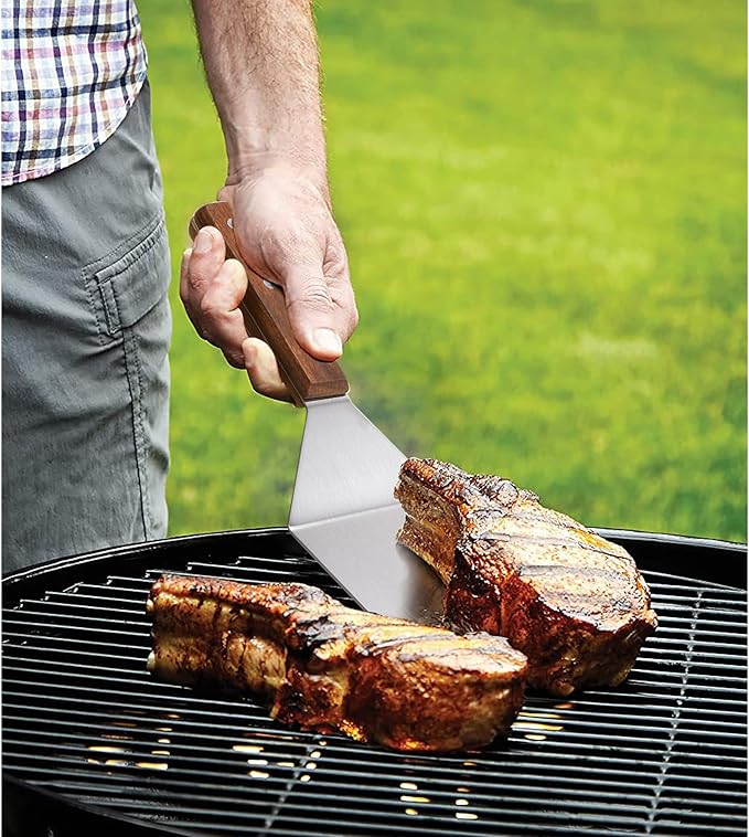Tongs and Spatula Set of 3, Heavy Duty Stainless Steel Kitchen Tongs 12"/16" & Metal Spatula 4 x 5.5 with Wood Handle for BBQ Grill Flat Top Griddle, Professional Grill Accessories Gift