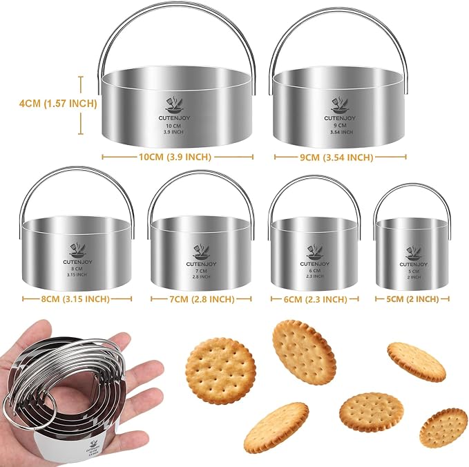 6 Pcs Large Cookie Cutters (2, 2.3, 2.8, 3.14, 3.54, 3.9 Inch), Round Biscuit Cutter Set with Handle and Big Ring, Professional Baking Dough Cutter Tools for Cakes, Sandwiches, Donuts, Dumplings