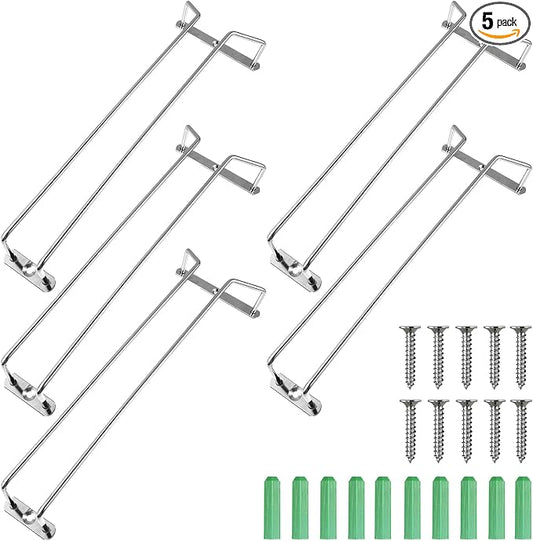 5-Pack Silver Stainless Steel Wine Glass Rack – 13.3” Under Cabinet Stemware Holder for Kitchen, Bar – Durable & Space-Saving Hanging Organizer