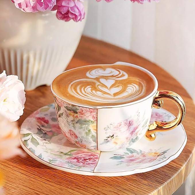 KAMMAK Tea Cups and Saucers Set of 2, Fine Bone China Coffee Cups, 8.45-Ounce Stackable Espresso Mugs, Ceramic Demitasse for Coffee, Cappuccino, Latte, Americano, Tea, Peony + Parrot