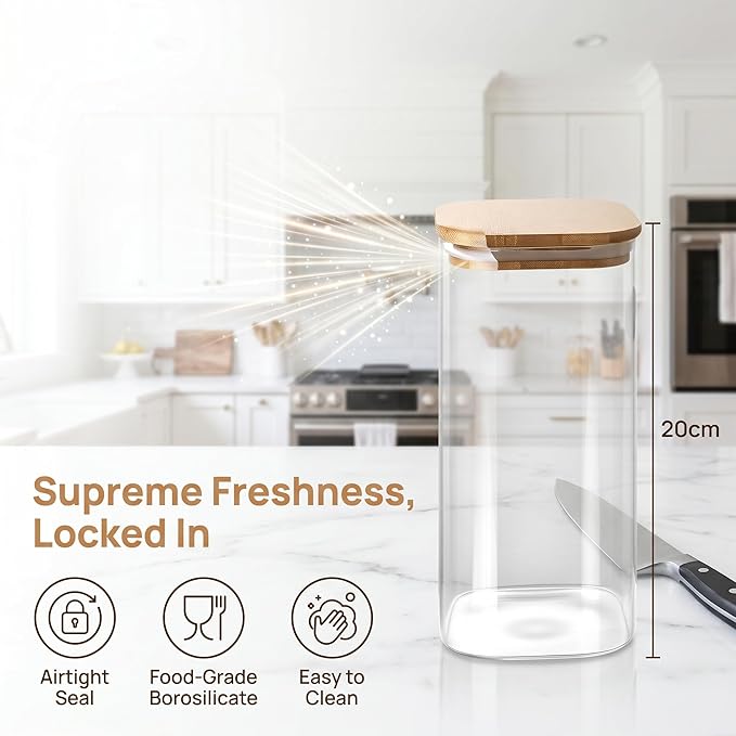 68 ounces (set of 3) and 32 ounces (set of 3), transparent glass containers with airtight bamboo lids — ideal for storing overnight oats, coffee, spices, candies, flour, etc.,