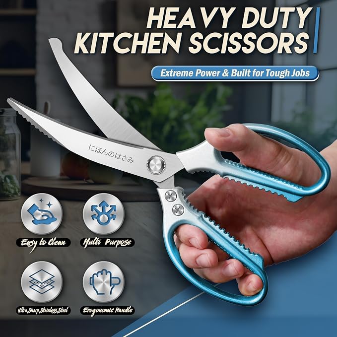TIJERAS Kitchen Scissors Set Blue - Stainless Steel Kitchen Shear, Sharp Meat Scissors Dishwasher Safe, Heavy Duty Poultry Shears, Japanese Cooking Scissor for Food, Chicken,Turkey, Christmas Gifts