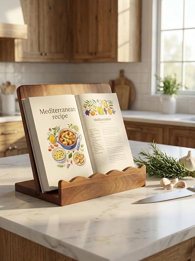 Acacia Wood Cookbook Stand for Kitchen Counter, Detachable Serving Tray | 2-in-1 Recipe Stand & Serving Tray, Holds 11.8" Cookbooks & 3" Thick Books/Tablets, Acacia Wood, Detachable for Easy Storage
