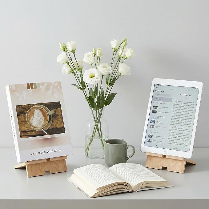 4-Pack Bamboo Book Display Stand, Adjustable Wooden Cookbook Holder & Plate Easel for Display, Splinter-Free Recipe Book Stand for Kitchen Counter, Tablets, Photos, Textbook, Art (6.6x3.9”)