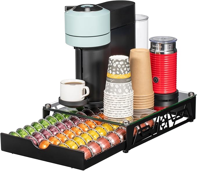 Nespresso Pod Holder Pod Drawer With Glass For Cabinet Vertuoline Pod Storage Rack For Counter，Black(50 Pods)