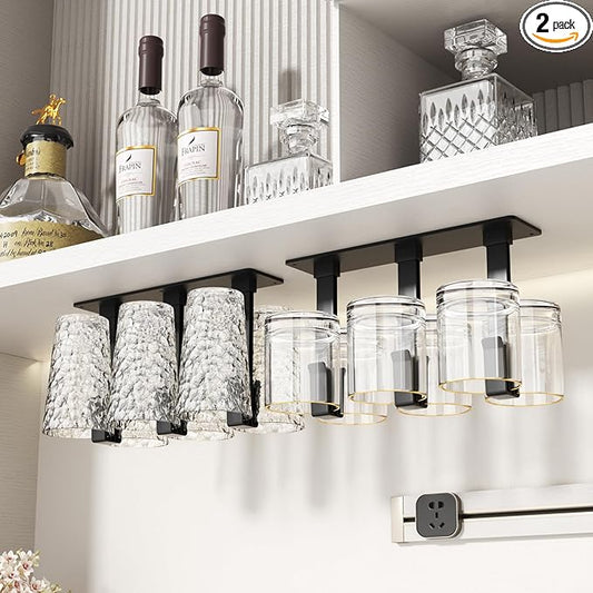 Wine Glass Holder, No Drilling Wine Glass Rack Under Cabinet | 2 Pack Black Wine Glass Holder Under Cabinet with Premium ABS, Quick to Install and Can Be Combined In Any Configuration