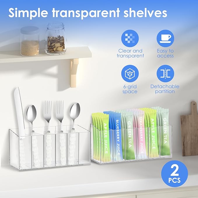 2Pcs Transparent Tea Packet Storage Container Plastic Coffee Packet Holder Organizer Clear Pantry Organizer Bin with 5 Removable Dividers