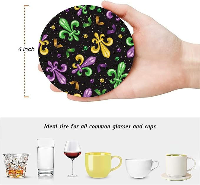 Mardi Gras Coasters for Drinks Set of 6,Round Absorbent Ceramic Stone Coaster with Metal Holder Stand, Fleur De Lis Carnival Coasters with Cork Base for Home Decor Coffee,Kitchen,Party,Gifts