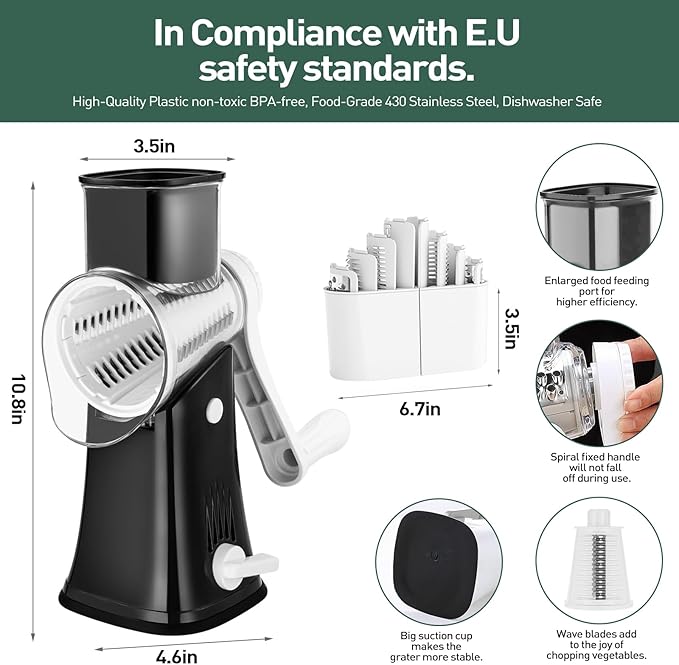 APSARAS USA Cheese Grater Hand Crank, Rotary Cheese Grater, 5 in 1 Rotary Grater, Cheese Shredder Replaceable Stainless Blades with Strong Suction Base, Easy to Clean Kitchen Gadgets with Storage Box