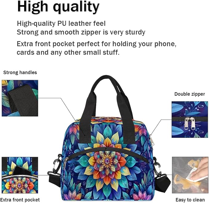 Pardick Blue Flower Mandala Insulated Lunch Bag for Women Girl Reusable Lunch Tote Box With Shoulder Strap Lightweight Thermal Cooler Meal Prep Bag for Work School Office Picnic