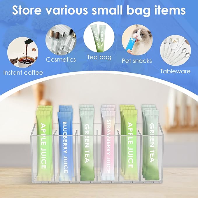 2Pcs Transparent Tea Packet Storage Container Plastic Coffee Packet Holder Organizer Clear Pantry Organizer Bin with 5 Removable Dividers