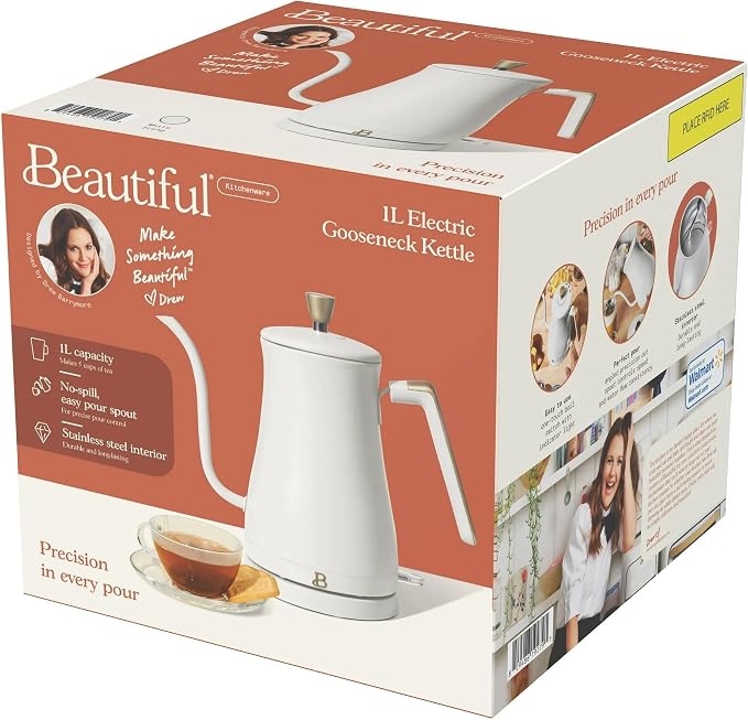 Electric Gooseneck Kettle 1 Liter 1200W Fast Boil with Precision Pour Spout, Stainless Steel Interior, Auto Shut-Off & 360° Swivel Base (White Icing)