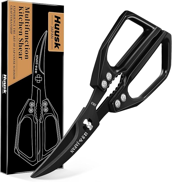 Huusk Seafood Scissors Black - Stainless Steel Kitchen Shears Dishwasher Safe, Sharp Japanese-Style Kitchen Scissor for Crab, Shrimp, Lobster, Herbs and Food Prep, Gifts for Men Women