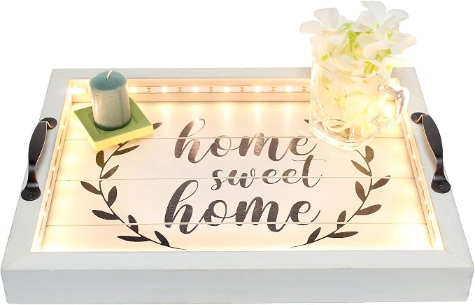 Elegant Designs HG2032-GHH Salento Farmhouse Rectangular Decorative LED Light Up Wooden Serving Tray w Metal Handles & Home Sweet Home in Black for Décor, Centerpiece, Breakfast, Bar, Gray Wash