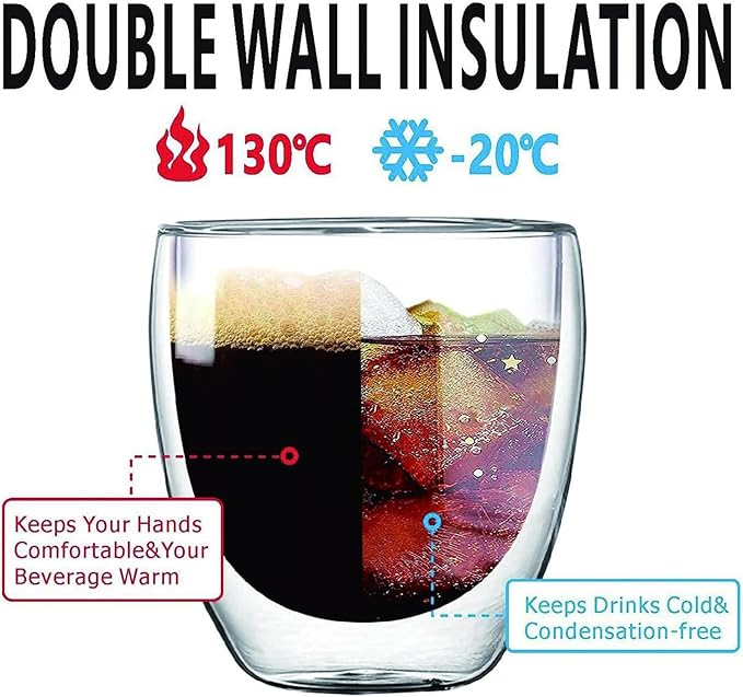 5.5oz Glass Coffee Mugs Set of 4, Double Walled Espresso Cups for Latte Cappuccino Cocoa Milk Cafe Juice, Clear Glass Tea Cup Set Glassware Gift for Christmas Birthday (5.5oz-4Pack)