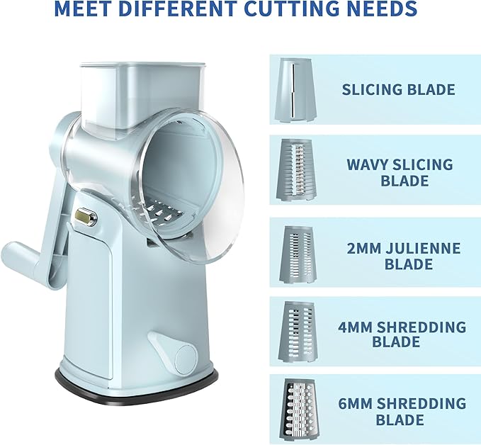 Rotary Cheese Grater with Handle - Compact Multi-Function Vegetable Shredder with 5 Sharp Blades & Strong Suction Base, Easy to Use Round Mandoline Slicer for Kitchen, Cooking, Camping & Travel