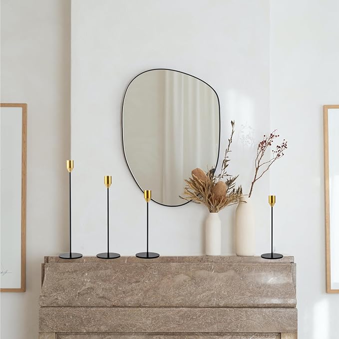 Set of 5 Black Taper Candlestick Holders with Brass Top, Metal Candle Stick Holder, Antique Mid-Century Candle Holders for Table Centerpiece, Mantel, Dining Table Decor