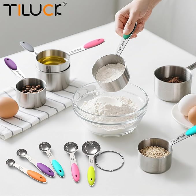 TILUCK Measuring Cups and Spoons Set, Stainless Steel, Kitchen Utensils for Cooking and Baking (10)