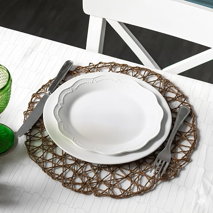 comfoyar Round Paper Braided Placemats Set of 12, 13 Inch Non-Slip Dark Brown Hand Woven Place Mats, Natural Table Mats for Indoor Outdoor Kitchen Dining Party Table Decoration