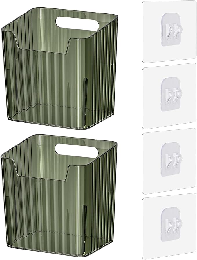 Set of 2 Storage Organizer Bins Wall Mounted Floating Shelves Fridge Organizer Stackable Clear Plastic Storage Bins for Wall, Refrigerator, Kitchen, Bathroom, Countertops, Pantry, BPA Free (Green)