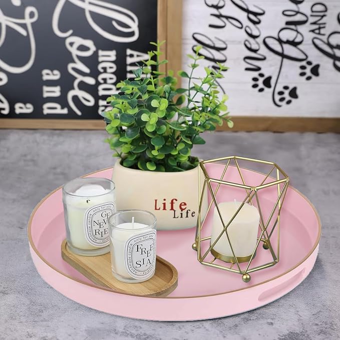 Pink Decorative Tray,Elegant Round Plastic Serving Tray with Handles,Round Ottoman Trays Coffee Table Trays for Living Room,Home Decor 13"