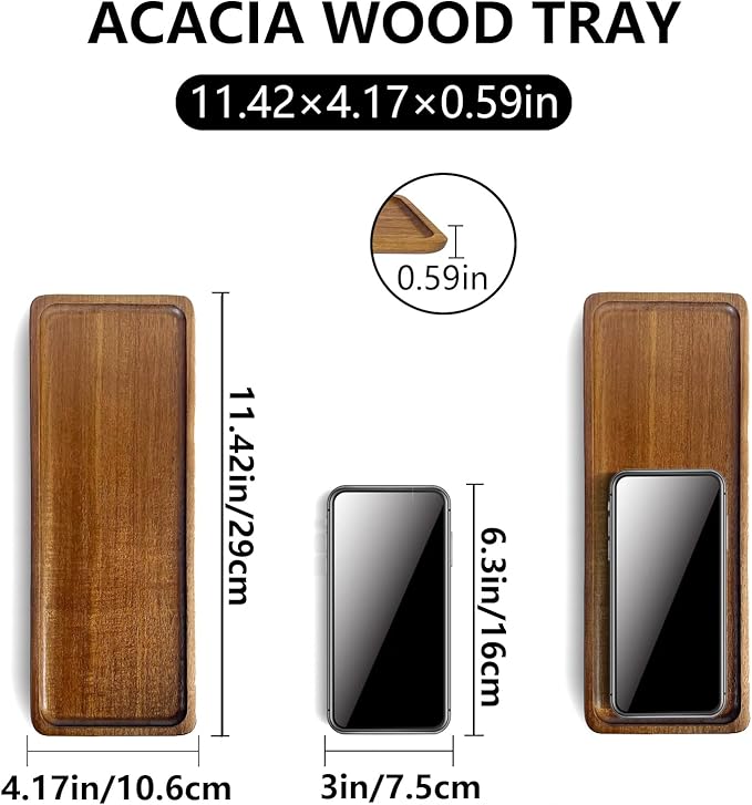 Set of 5 Acacia Wooden Trays 11.41×4.1inch Small Serving Tray Wood Rectangular PlateKitchen Fruit Salad Cheese Coffee Appetizer Decorative Platter Bathroom Countertop Bench Tray (Rectangular 5Pcs)