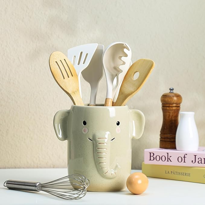 Ceramic Cartoon Animal Pattern Kitchen Utensil Holder, Large Cooking Utensil Crocks for Kitchen Countertop, Cartoon Style Utensil Organizer for Spatula, Kitchen, Home Decoration-Elephant