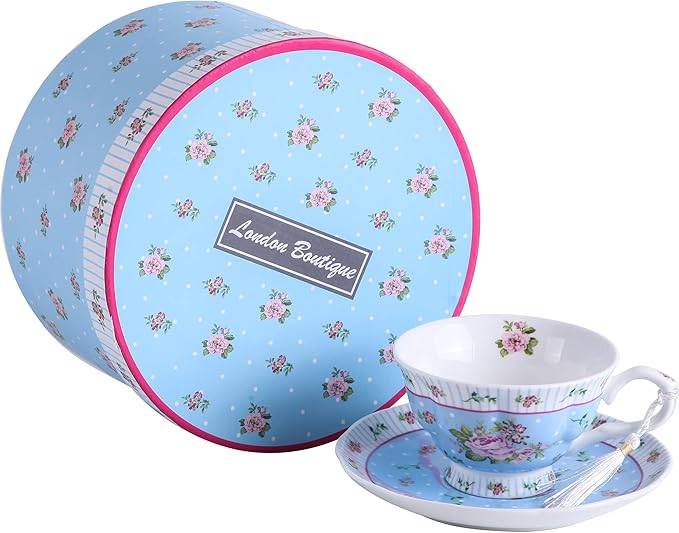 London Boutique Coffee Tea Cups and Saucers Set Afternoon Tea Vintage Flora Rose Gift Box 7.5oz (Rose Blue set 1)