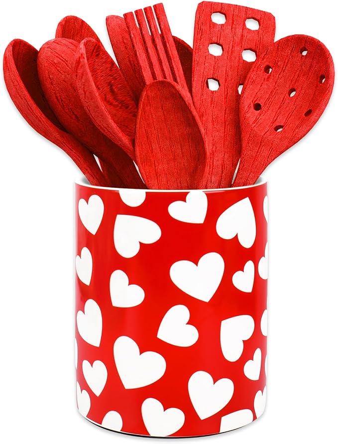 JarThenaAMCS Valentine's Day Ceramic Utensil Holder Red White Heart Utensil Crock for Wedding Home Kitchen Countertop Storage Organizer Container