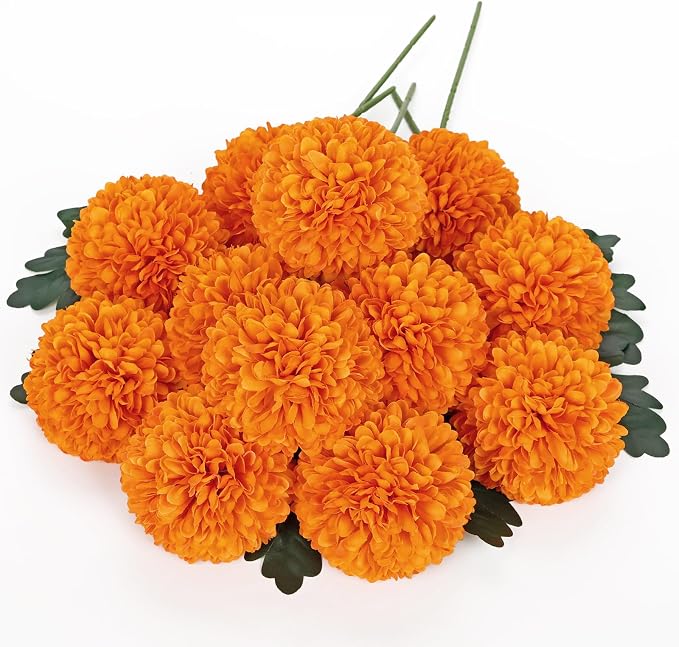 Briful 12 Pcs Artificial Orange Chrysanthemum Stems – 11” Tall Silk Mums Flower Heads with Green Leaves, Flexible Stems for Fall Floral Pick Arrangements, Home, Wedding & Seasonal Decorations