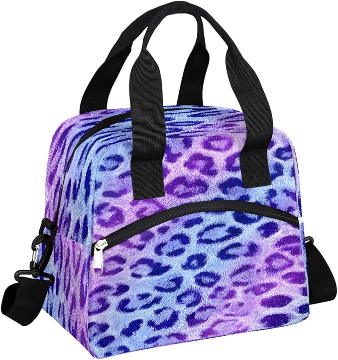 Leopard Purple Insulated Lunch Bags for Women Girls Adult Ethnic Reusable Lunch Tote Therma Cooler Bag with Shoulder Strap Lunch Box for School Work Office Picnic Meal Prep Bag
