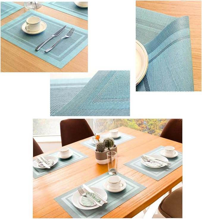 PIGCHCY Heat Insulation Non Slip Plastic Placemats,Washable Easy to Clean Woven Vinyl Kitchen Stain Resistant Placemats for Dining Table Set of 4(Sky Blue)