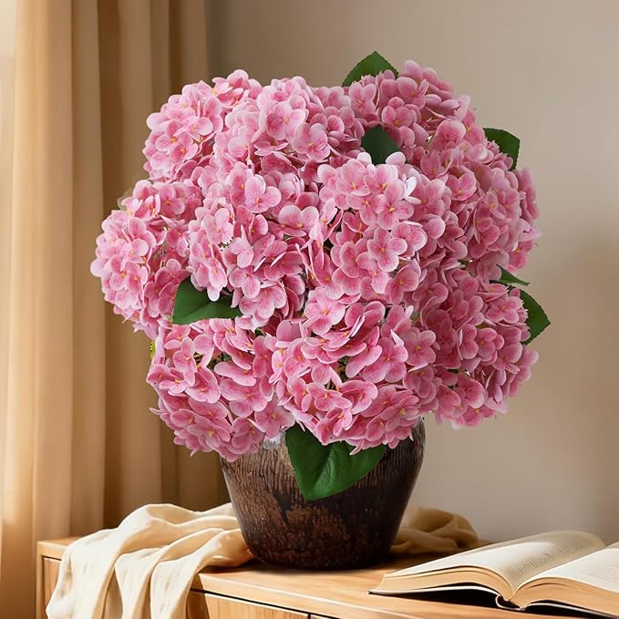 A Bunch 21in, Real Touch Pink Hydrangea Artificial Flowers,with 5pcs Flower Head 10pcs Leaves, Faux Hydrangea Flowers for Home Office Decor Wedding Party Arrangements (1, Pink)