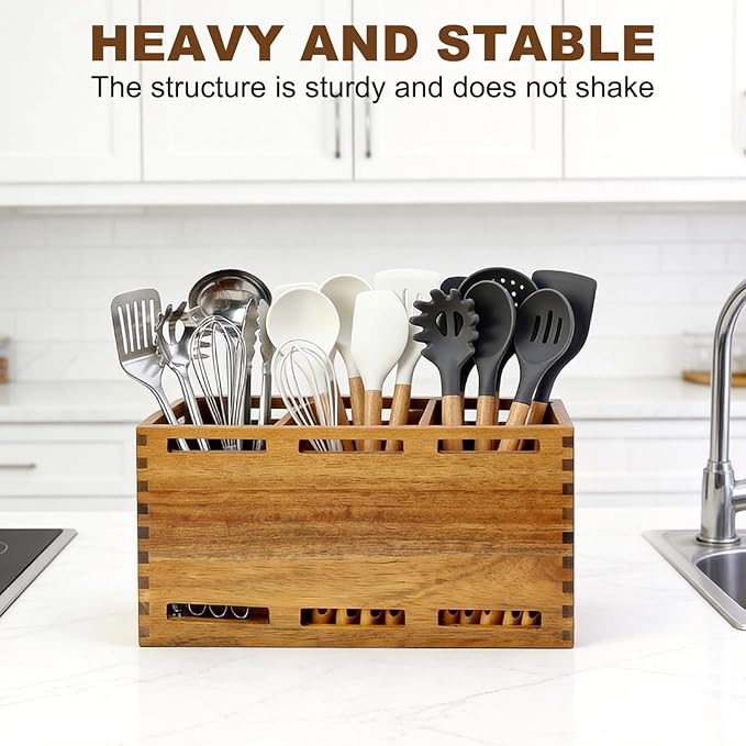 Extra Large Acacia Wood Utensil Holder for Kitchen Counter Decor Rustic Wooden Spatula Holders Cooking Utensils Organizer Countertop Silverware Caddy Spoon Kitchen Tool Holder Farmhouse Utensil Crock