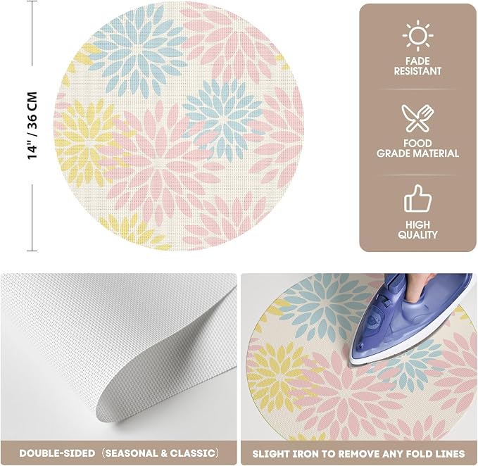 Artoid Mode Pink Dahlia Plastic Round Placemats Set of 4, 14 Inch Seasonal Washable Woven Vinyl Table Mats for Farmhouse Party Kitchen Dining Decor