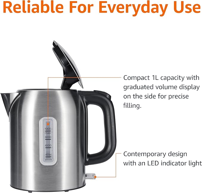 Amazon Basics Electric Kettle, Tea Kettle & Water Boiler with Auto Shut-Off, Boil Dry Protection, Strix Thermostat, BPA-Free, 1500W, 1.1Qt (1L), Stainless Steel, New Model, Black & Silver