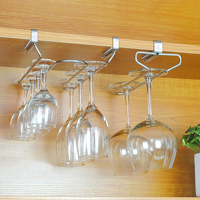 V3VOGUE Double Row Under Cabinet Wine Glass Holder, Hanging Wire Stemware Rack Holder, Wine Glasses Storage Hanger, for Bar Kitchen Storage Organizer Metal (Black White)