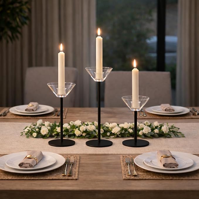 Smytle Clear Glass Taper Candle Holders Set of 3, Transparent Votive Tea Light Candle Holders with Weighted Black Metal Base, Glass Candle Sticks Holder Home Decor for Dining Table, Wedding