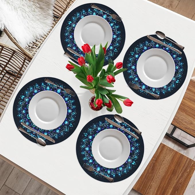Round Placemats Set of 6, Ethnic Mandala Flower Teal Woven Placemats Mats Non-Slip Heat Resistant Washable Table Mats Round Braided Place for Farmhouse Kitchen Dining Party Decor 15in