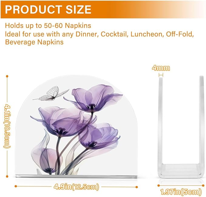 Purple Tulips Flowers Butterfly Napkin Holder for Tables Paper Cocktail Napkin Holders for Kitchen and Dinning, Acrylic Dinner Napkin Dispenser for Restaurant Home Decor Bar Accessories 1 Pack